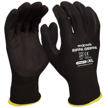 An image of black gloves, used in construction.