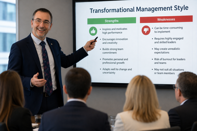 An image of a business coach sharing information on the Transformational Management style to a team in a board room.