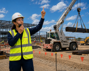 A worker on a construction site, working with cranes.