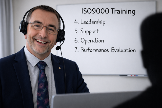 Consultant smiling, while sitting in front of his computer, with a whiteboard in the background with some of the ISO9000 titles on it.
