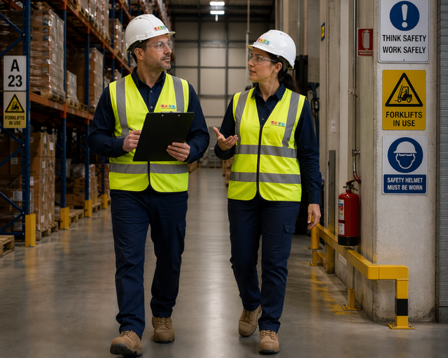 An image of two employees conducting a risk assessment of a warehouse.